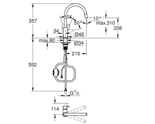 Technický výkres kuchyňské baterie s rozměry