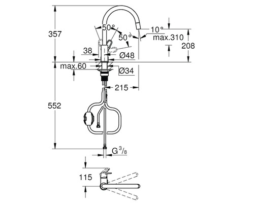 Technický nákres kuchyňské baterie s rozměry