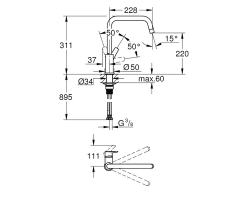 Technický nákres vodovodní baterie s rozměry