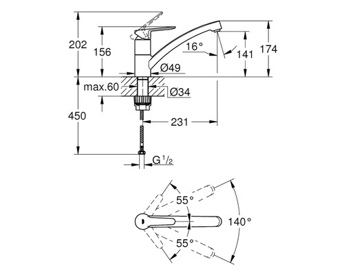 Technický výkres kuchyňské baterie s rozměry.
