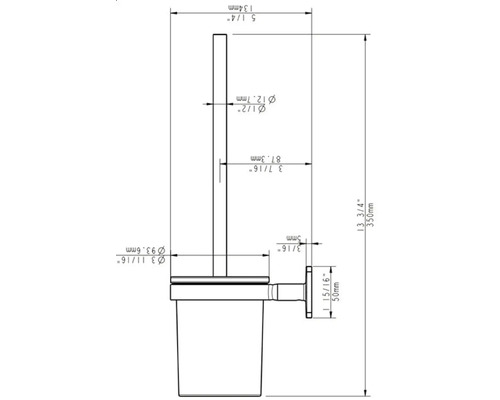 Technický nákres WC štětky s rozměry