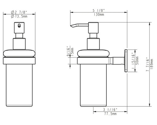 Technický nákres dávkovače mýdla s rozměry.
