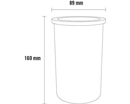 Technický nákres nádoby o rozměrech 160 mm výška a 89 mm průměr