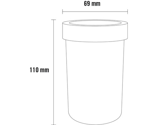 Nákres nádoby o rozměrech 110 mm výška a 69 mm průměr.