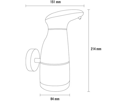 Technický nákres dávkovače mýdla s rozměry 151 mm šířka, 214 mm výška a 84 mm hloubka.