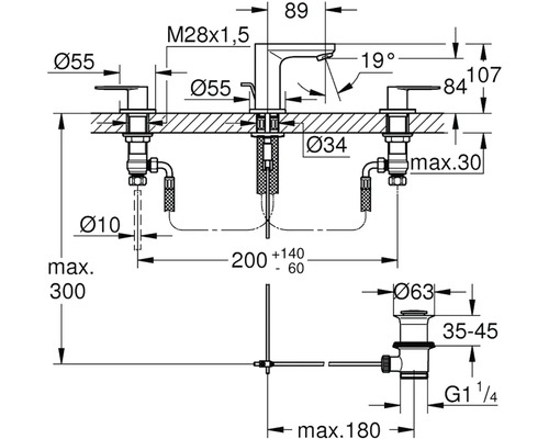Rozměrový výkres umyvadlové baterie s příslušnými rozměry