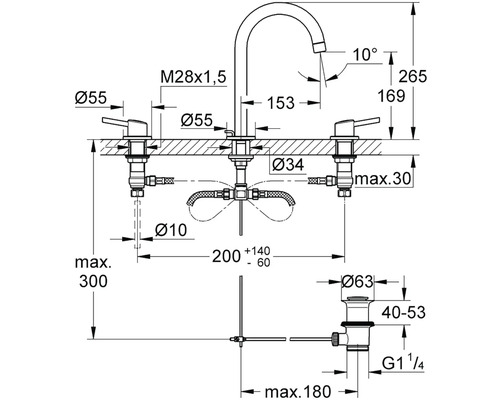 Technický nákres kuchyňské baterie s rozměry