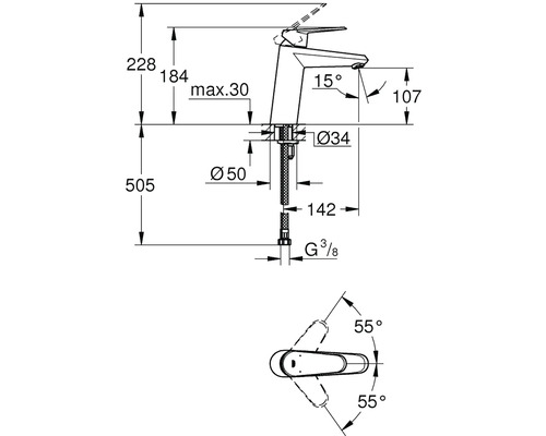 Technický nákres armatury s rozměry