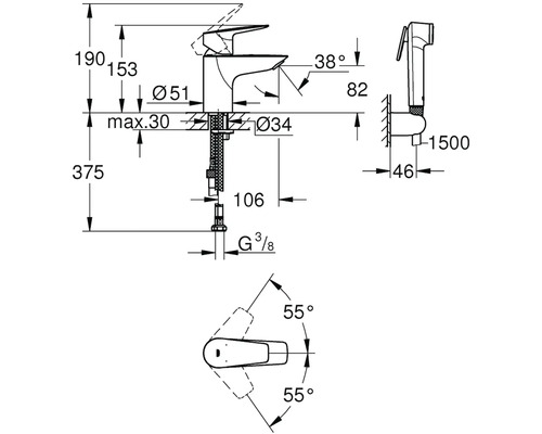 Technický nákres armatury s rozměry