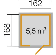 Půdorys s rozměry 162 x 168 a objemem 5,5 metrů krychlových