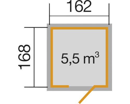 Půdorys s rozměry 162 x 168 a objemem 5,5 metrů krychlových