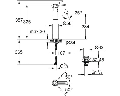 Technický výkres umyvadlové baterie s rozměry
