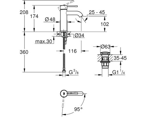 Rozměrový výkres vodovodní baterie s údaji o rozměrech a přípojkách