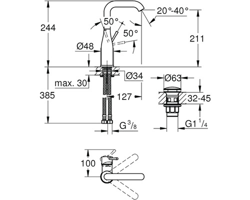 Technický výkres vodovodní baterie s rozměry