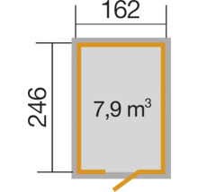 Půdorys s rozměry 162 x 246 a objemem 7,9 metrů krychlových