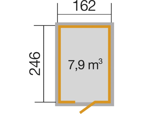 Půdorys s rozměry 162 x 246 a objemem 7,9 metrů krychlových