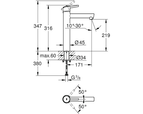 Technický výkres armatury s rozměry