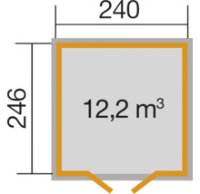 Výkres půdorysu s rozměry 240 krát 246 centimetrů a objemem 12,2 metrů krychlových