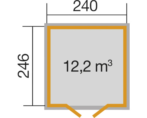 Výkres půdorysu s rozměry 240 krát 246 centimetrů a objemem 12,2 metrů krychlových