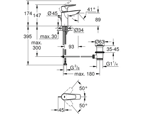 Technický nákres armatury s rozměry