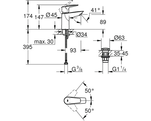 Technický výkres vodovodní baterie s rozměry