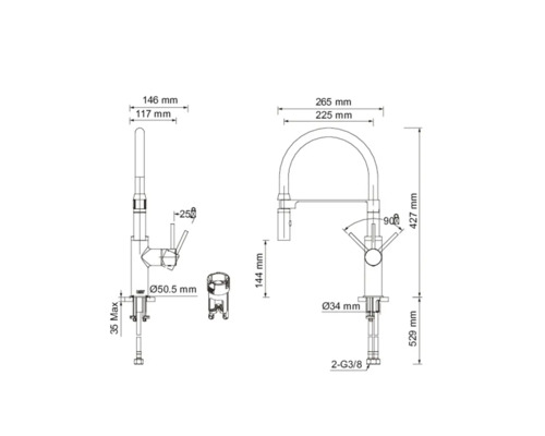 Rozměrový nákres kuchyňské baterie s různými pohledy a rozměry.