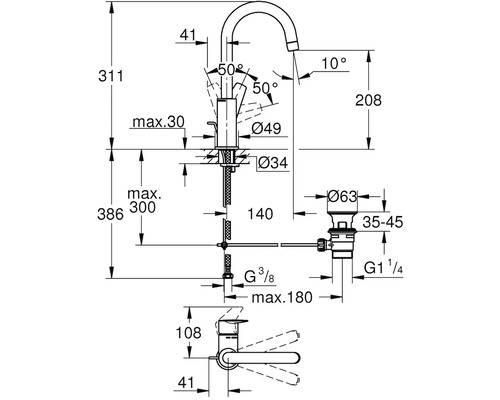 Rozměrový nákres armatury s údaji o rozměrech a úhlech