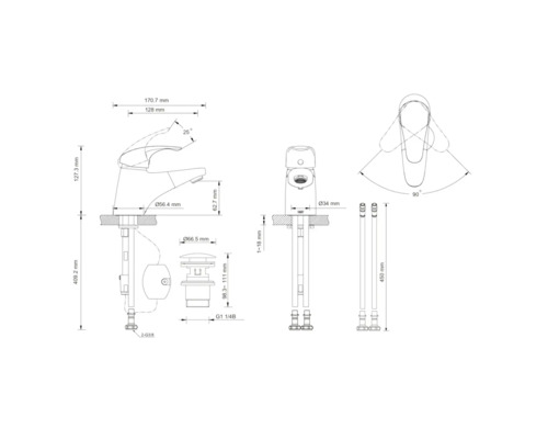 Rozměrový výkres armatury s příslušnými rozměry.