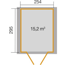 Půdorys zahradního domku o rozměrech 254 x 295 centimetrů a objemu 15,2 metrů krychlových