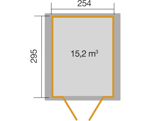 Půdorys zahradního domku o rozměrech 254 x 295 centimetrů a objemu 15,2 metrů krychlových