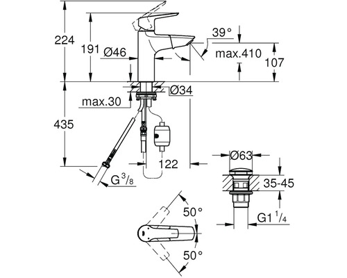 Technický výkres umyvadlové baterie s rozměry