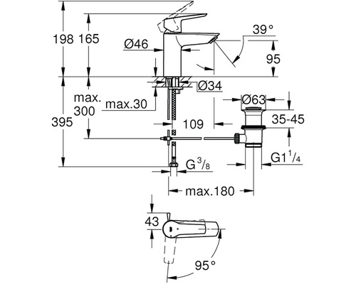 Technický nákres umyvadlové baterie s rozměry