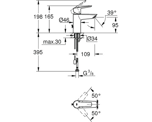 Technický výkres vodovodní baterie s rozměry