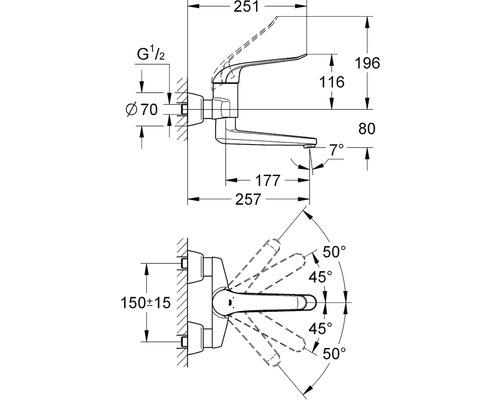 Technický výkres nástěnné armatury s rozměry