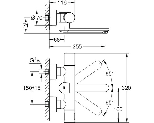 Technický výkres umyvadlové baterie s rozměry