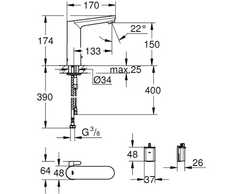 Technický nákres armatury s rozměry