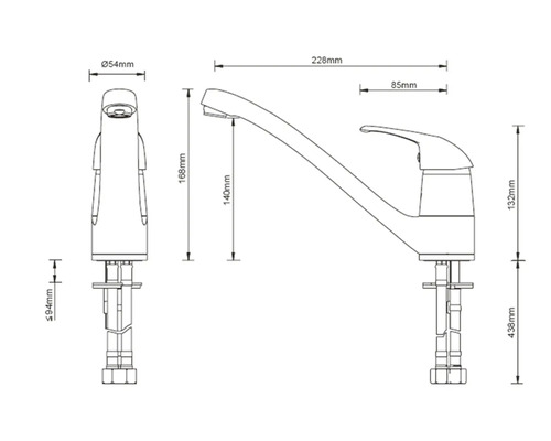 Technický výkres kuchyňské baterie s rozměry