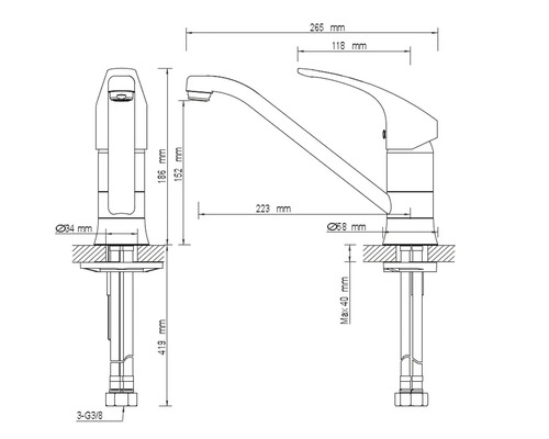 Technický nákres vodovodní baterie s rozměry