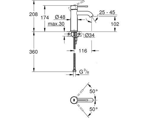 Technický výkres vodovodní baterie s rozměry