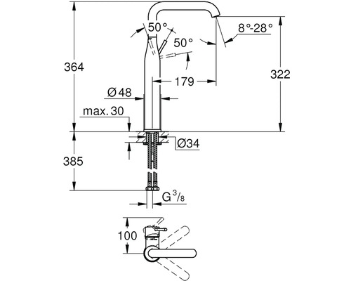 Technický výkres vodovodní baterie s rozměry