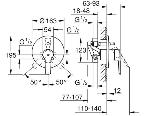 Technický výkres podomítkové armatury s rozměry