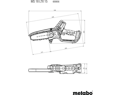 Rozměrový výkres akumulátorové řetězové pily Metabo MS 18 LTX 15 s rozměry