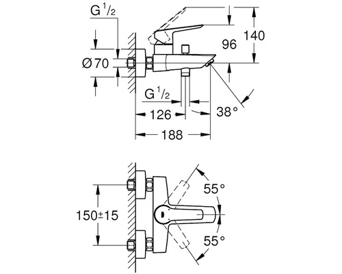 Rozměry koupelnové baterie jako čárový výkres