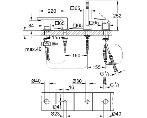 Technický výkres vanové baterie s rozměry