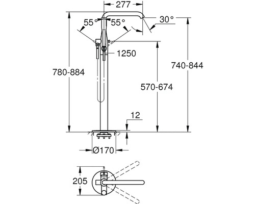 Technický nákres volně stojící vanové baterie s rozměry.