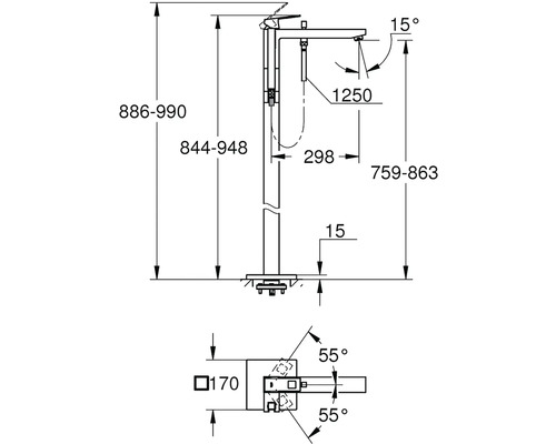 Technický výkres volně stojící vanové baterie s rozměry
