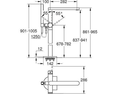 Technický nákres sprchové armatury s rozměry.