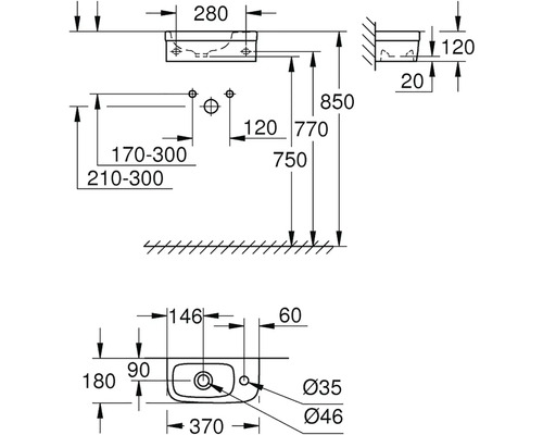 Technický nákres umyvadla s rozměry