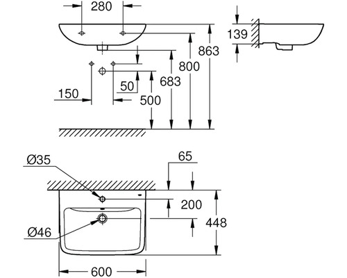 Technický nákres umyvadla s rozměry