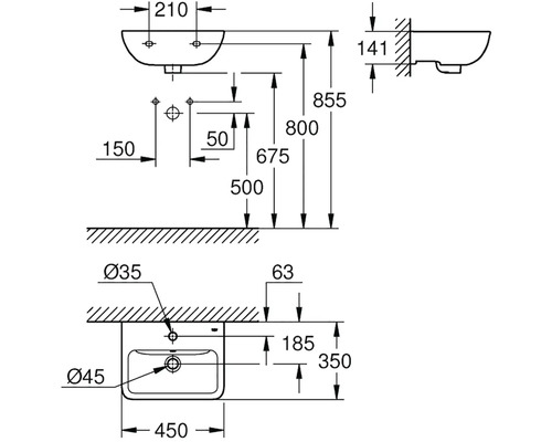 Technický výkres umyvadla s rozměry pro instalaci